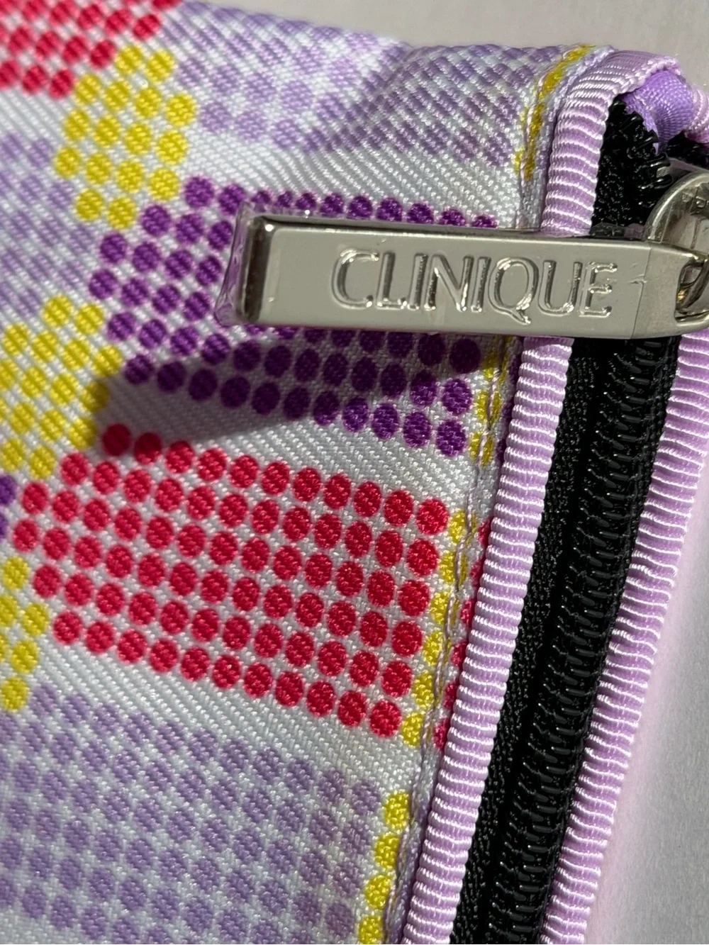 Clinique Pink Purple Yellow Patterned Cosmetic Bag with Purple Scrunchies